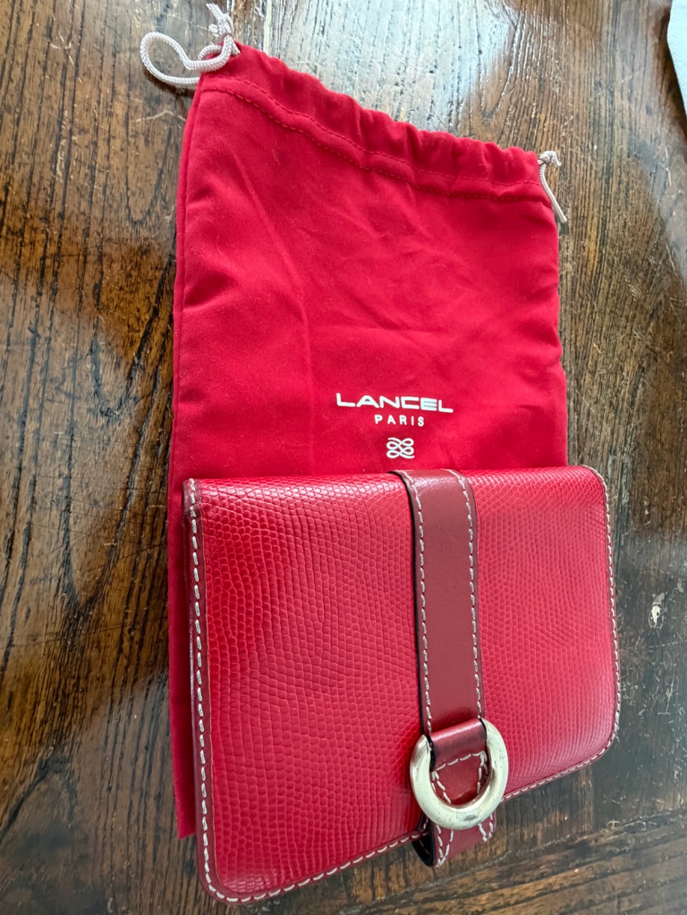 Lancel red embossed leather compact wallet